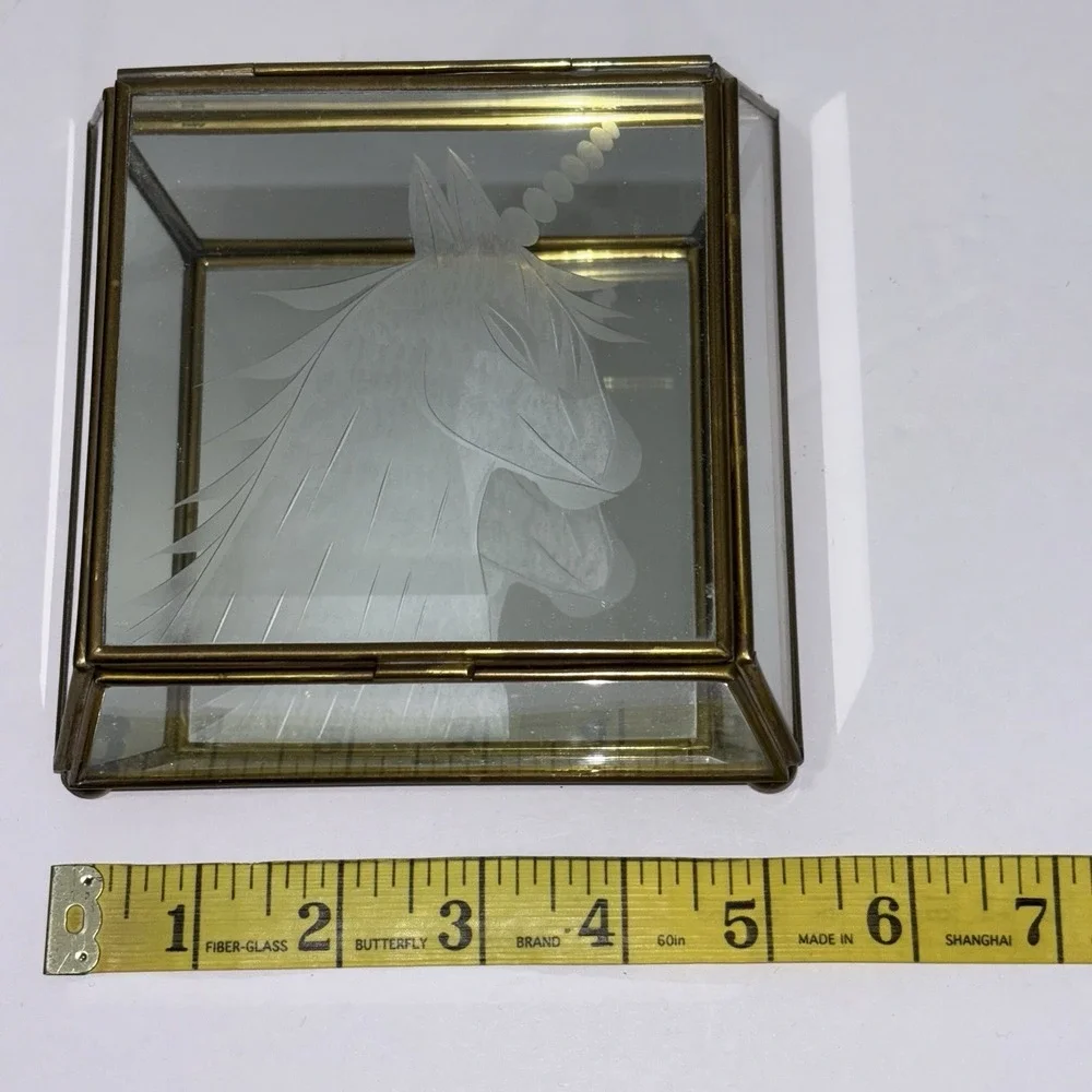 Vtg Brass w/ Etched UNICORN Glass Lid & Mirror Hinged Curio Jewelry Trinket Box